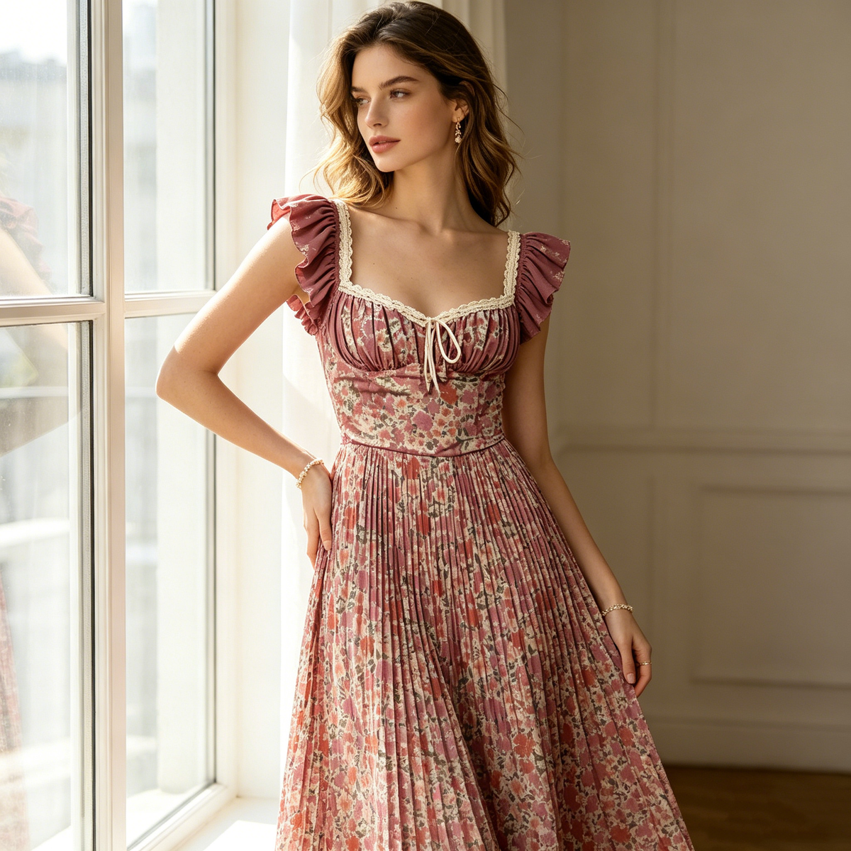 Rose Floral Ruffle Midi Dress