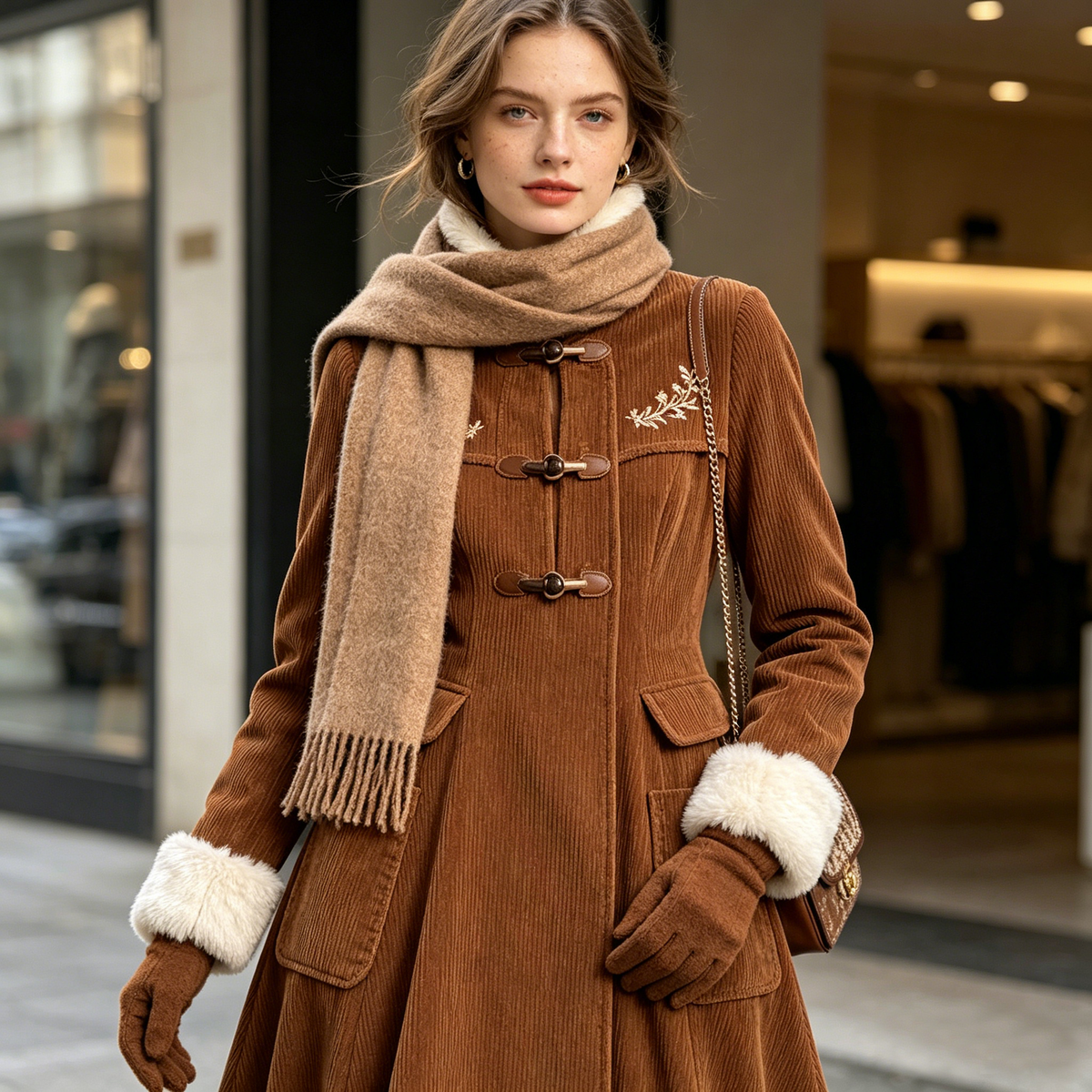Caramel Fur-Collar Corduroy Coat Dress