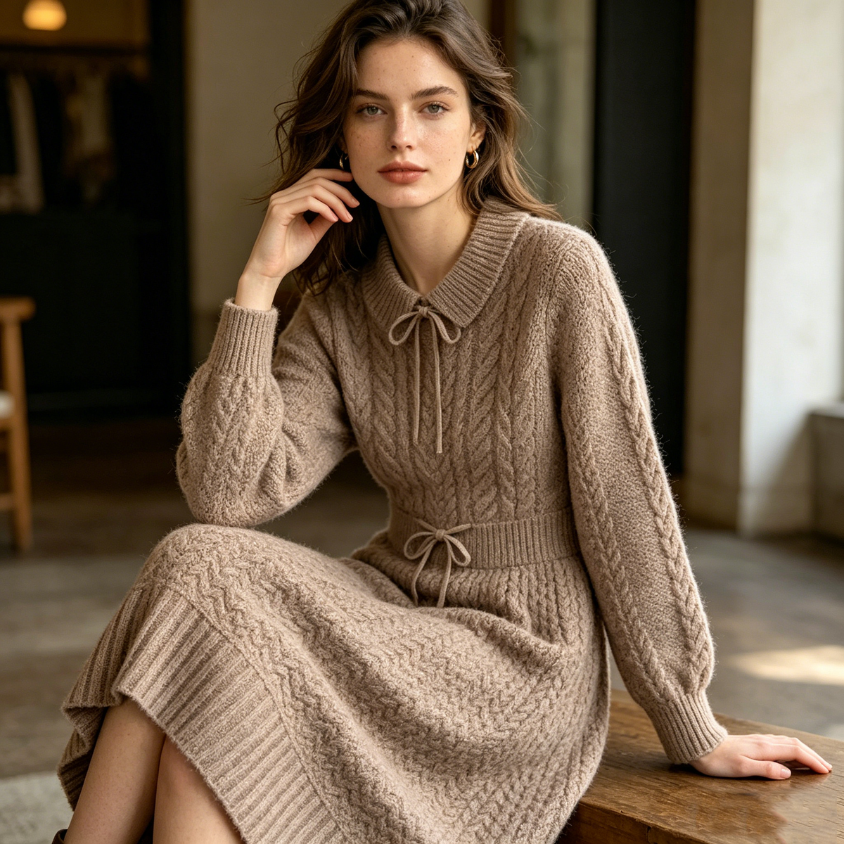 Oatmeal Bow Cable-Knit Midi Dress