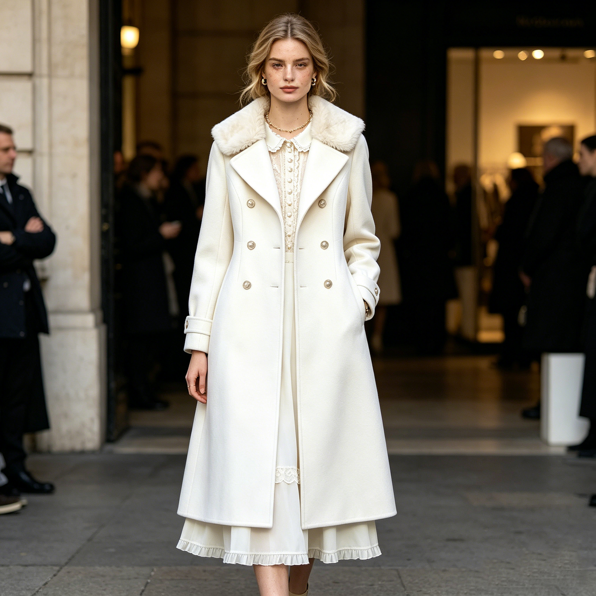 Cream Fur-Collar Double-Breasted Wool Coat