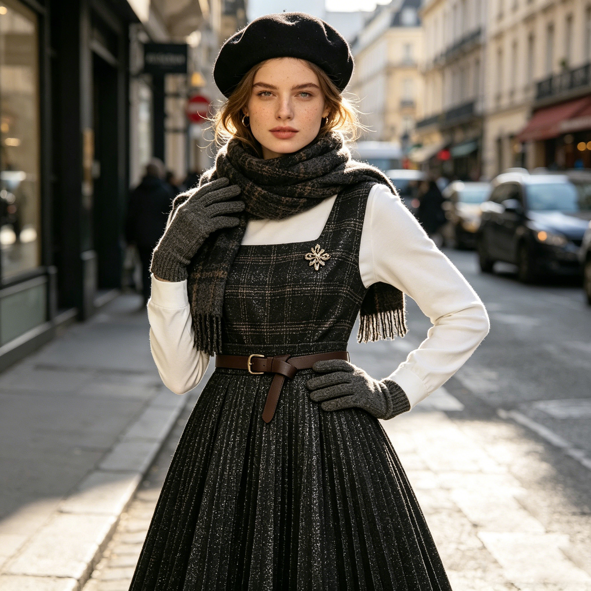 Sparkly Black Plaid Pleated Dress Set