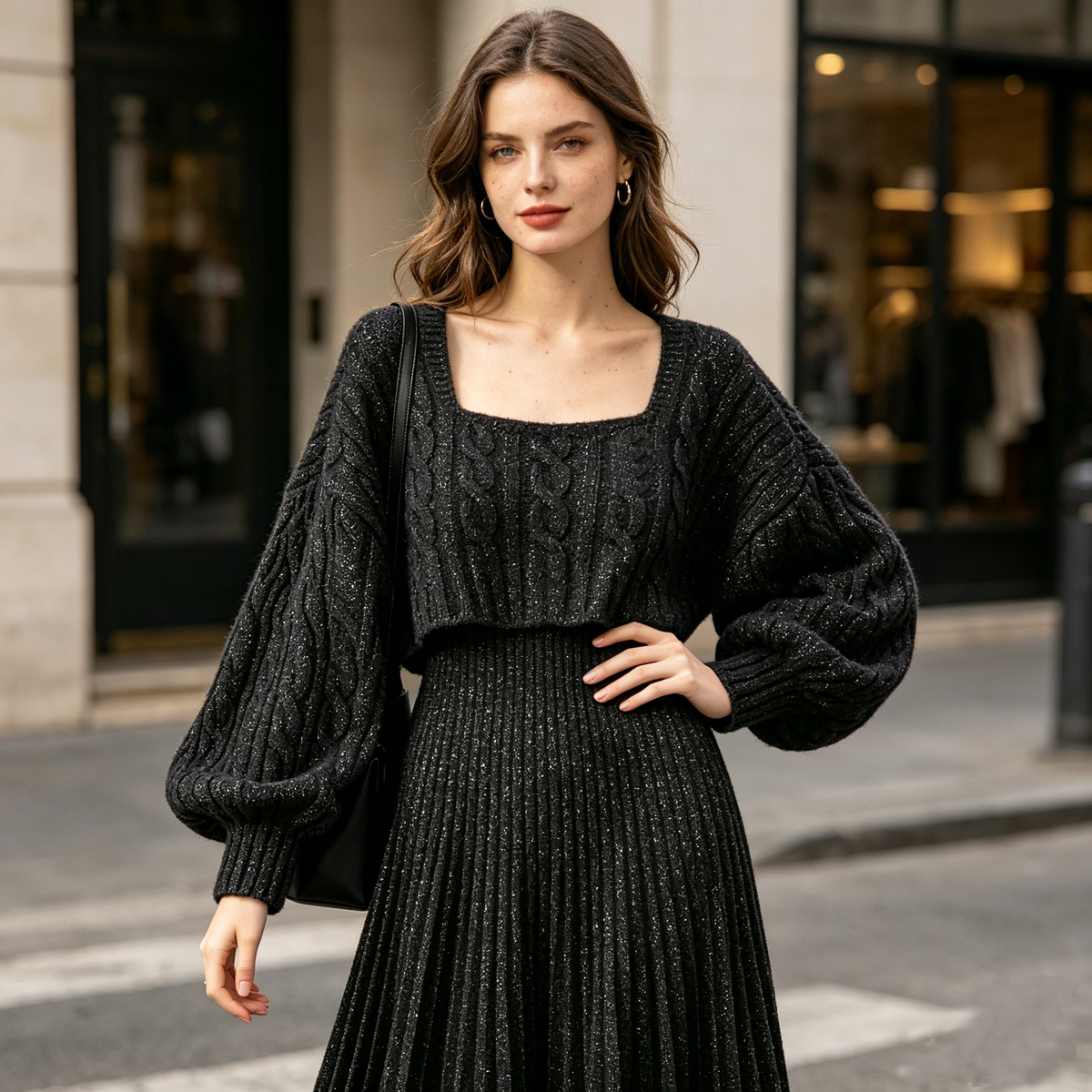 Sparkly Black Knit Two-Piece Dress Set