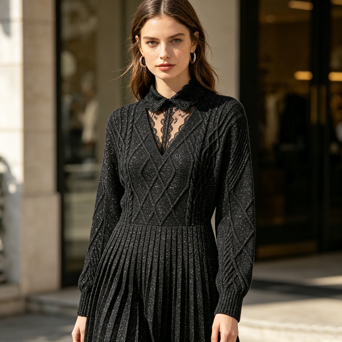 Lace-Collar Sparkly Black Knit Dress