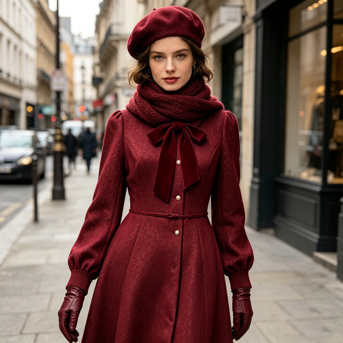 Sparkly Burgundy Bow Woolen Dress