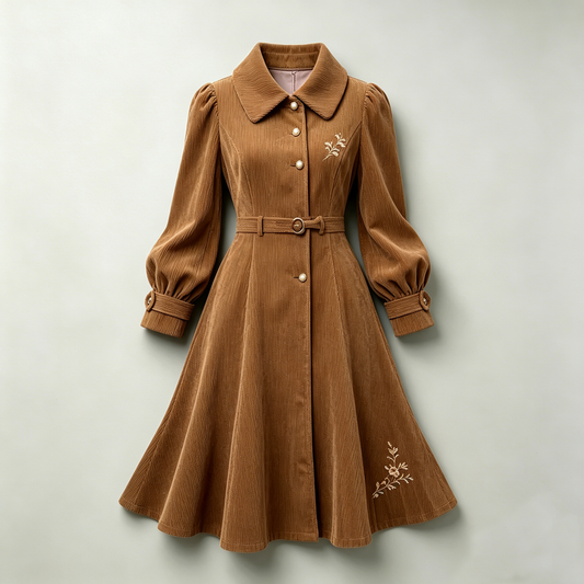 Caramel Corduroy Embroidered Coat Dress