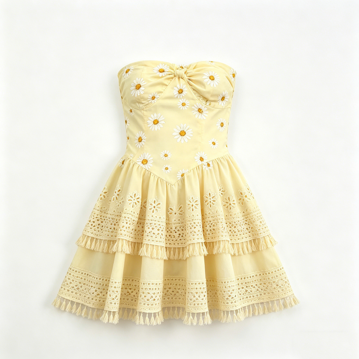 Yellow Daisy Strapless Tiered Dress