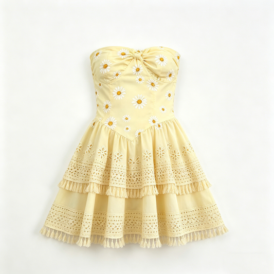Yellow Daisy Strapless Tiered Dress