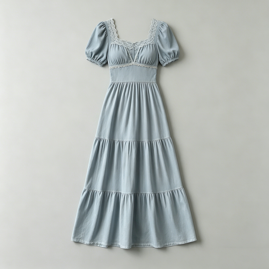 Light Blue Lace Puff Sleeve Dress