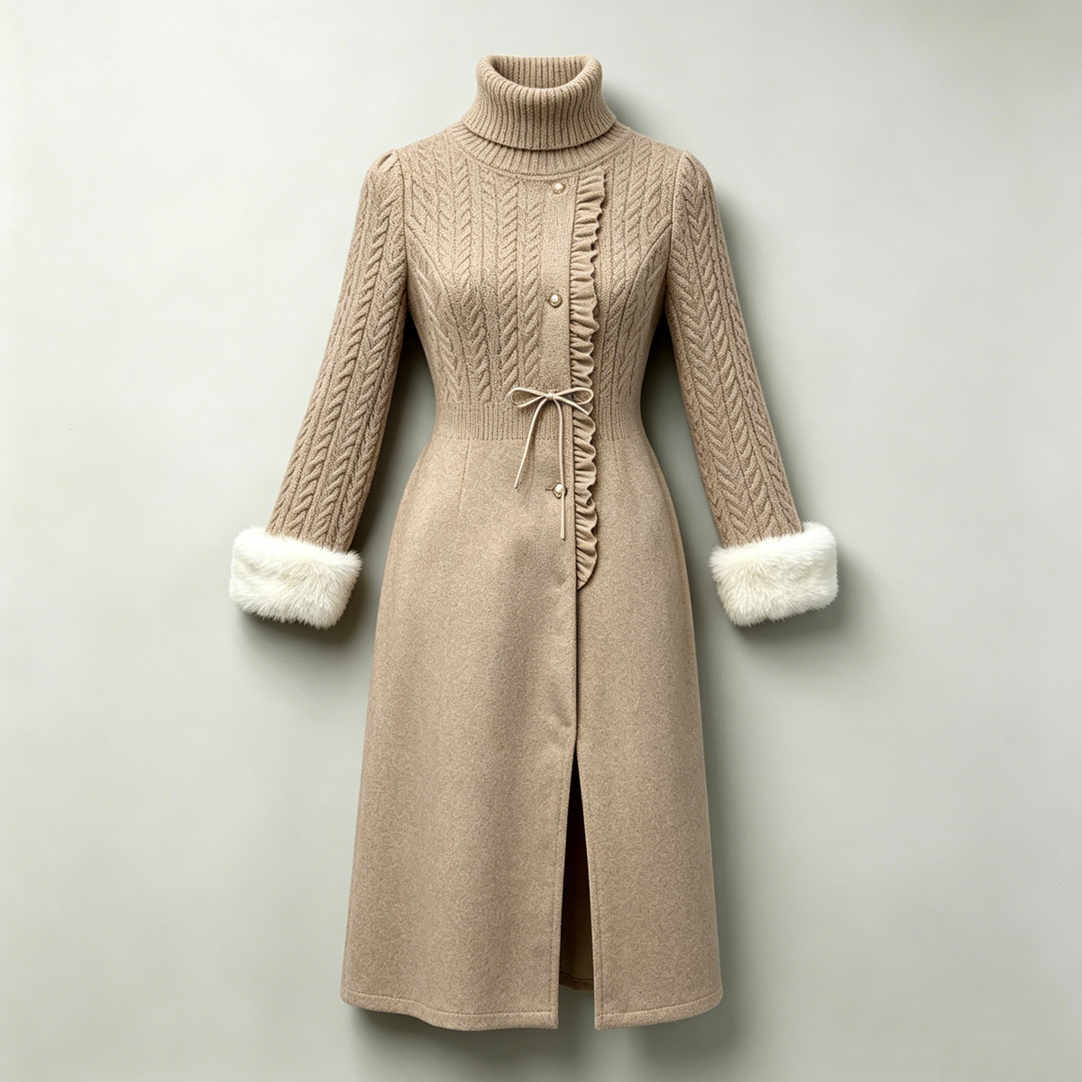 Oatmeal Fur-Collar Cable-Knit Wool Dress