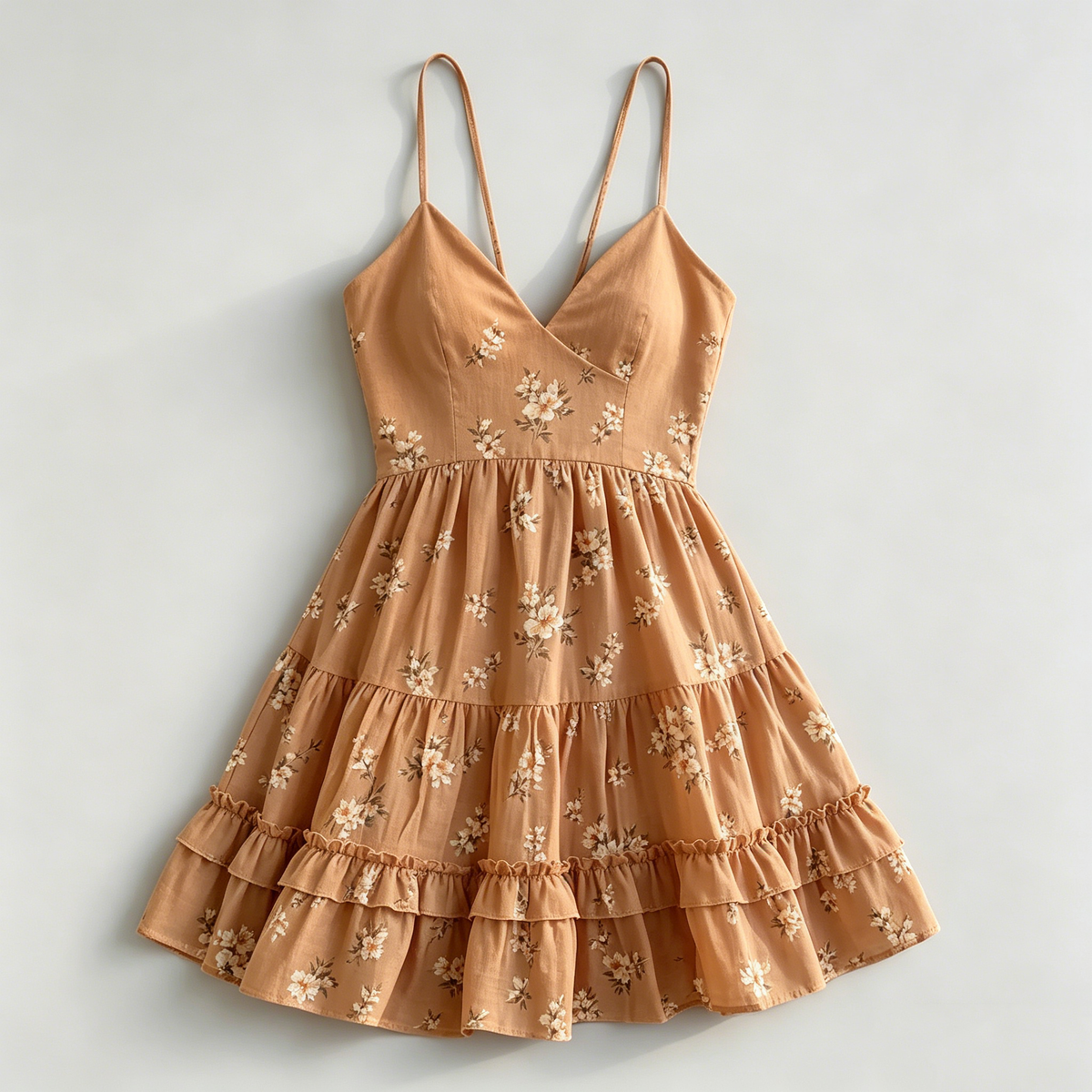 Tan Floral Spaghetti Strap Tiered Dress