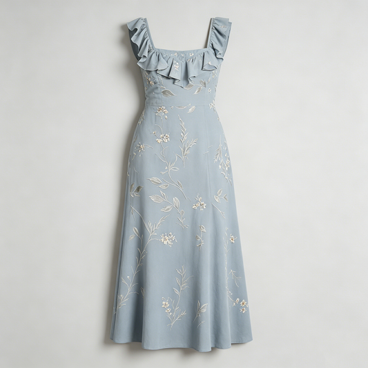 Blue Floral Embroidered Ruffle Dress