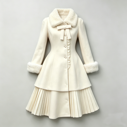 Cream Fur-Collar Bow Wool Coat Dress