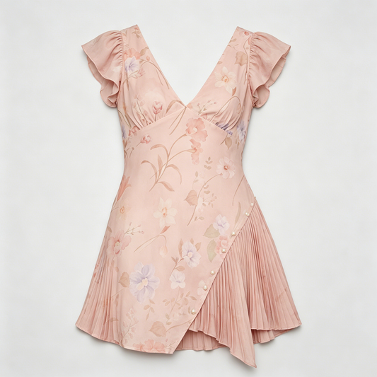Pink Floral Ruffle Sleeve Asymmetrical Dress