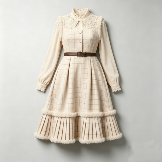 Cream Lace & Fur-Trimmed Plaid Dress