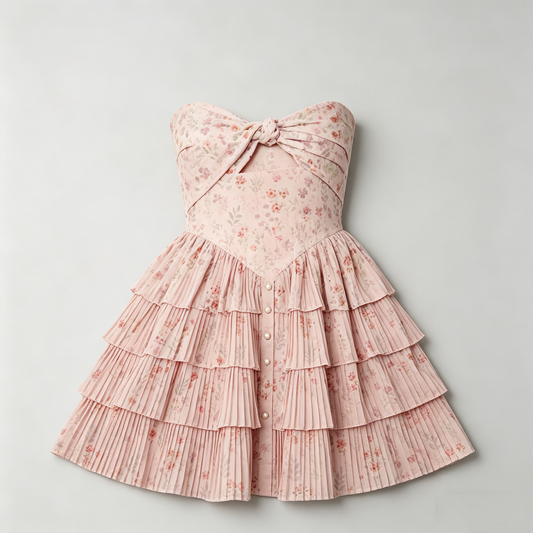 Pink Floral Tiered Pleated Strapless Dress