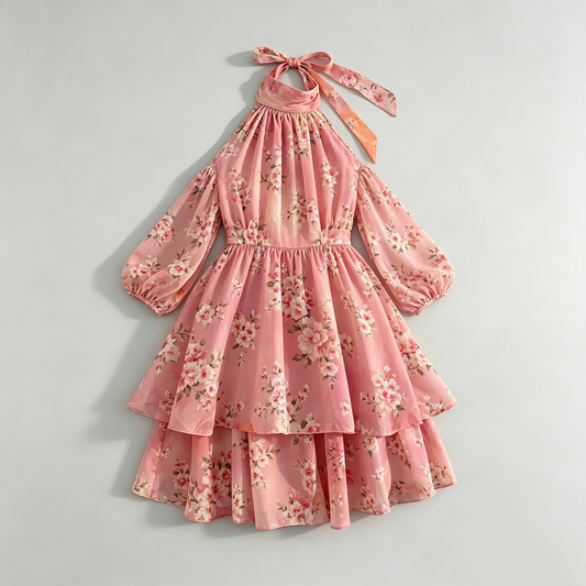Pink Cherry Blossom Halter Dress
