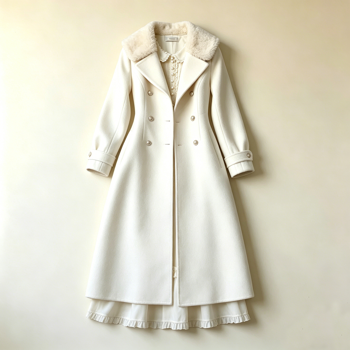 Cream Fur-Collar Double-Breasted Wool Coat
