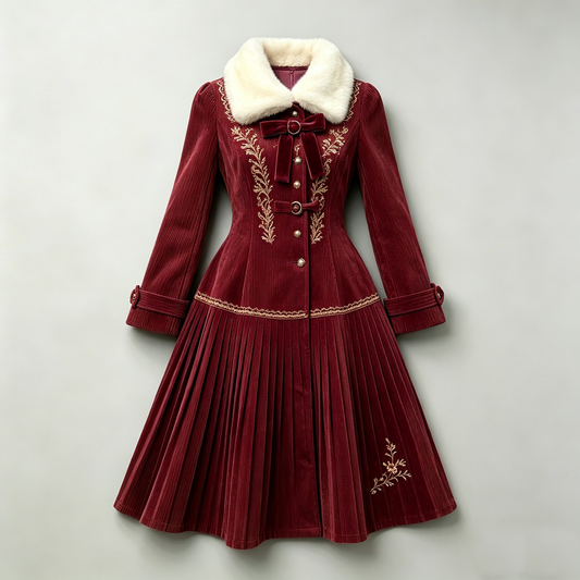 Burgundy Fur Collar Embroidered Corduroy Coat Dress