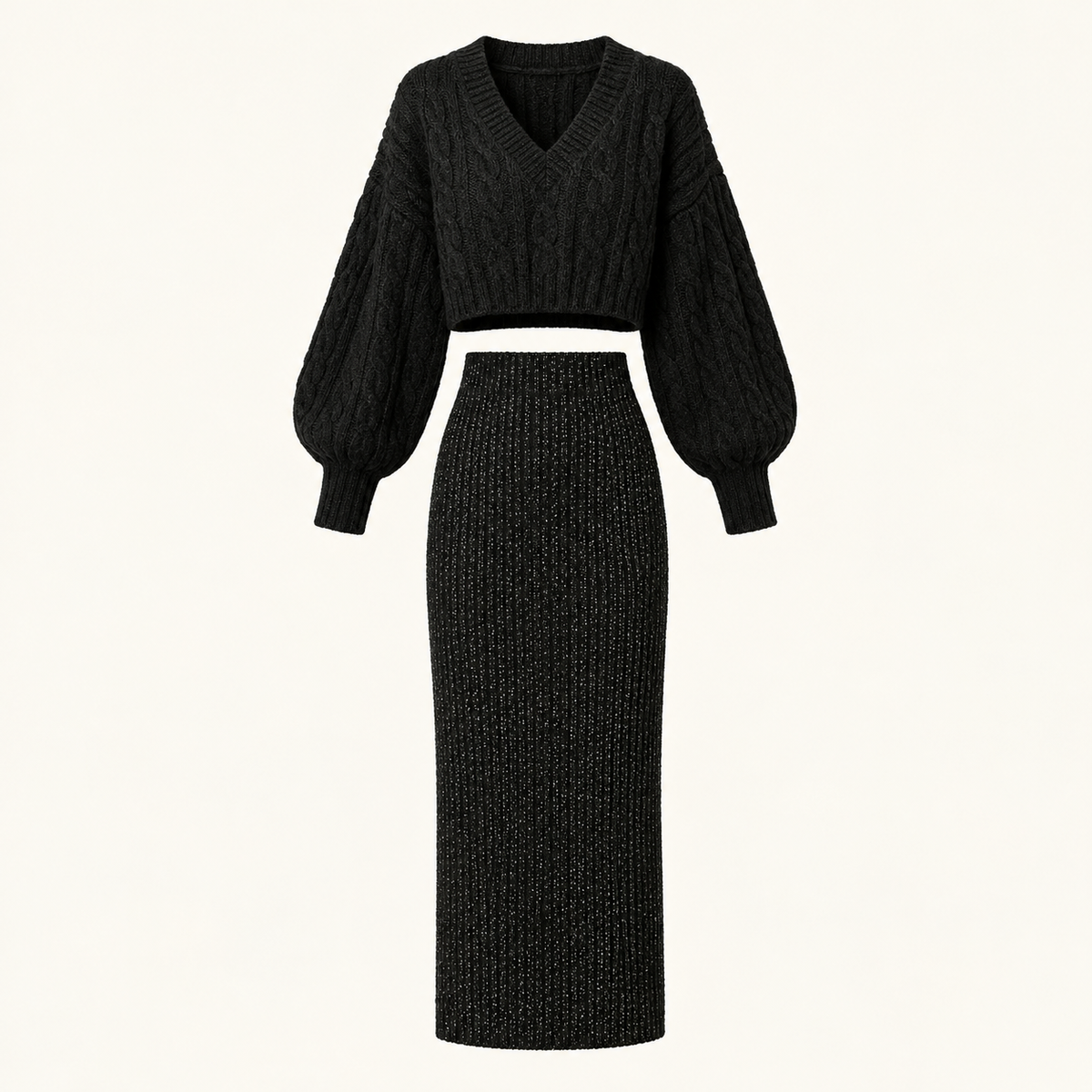 Black Cable-Knit Sweater & Glitter Skirt Set