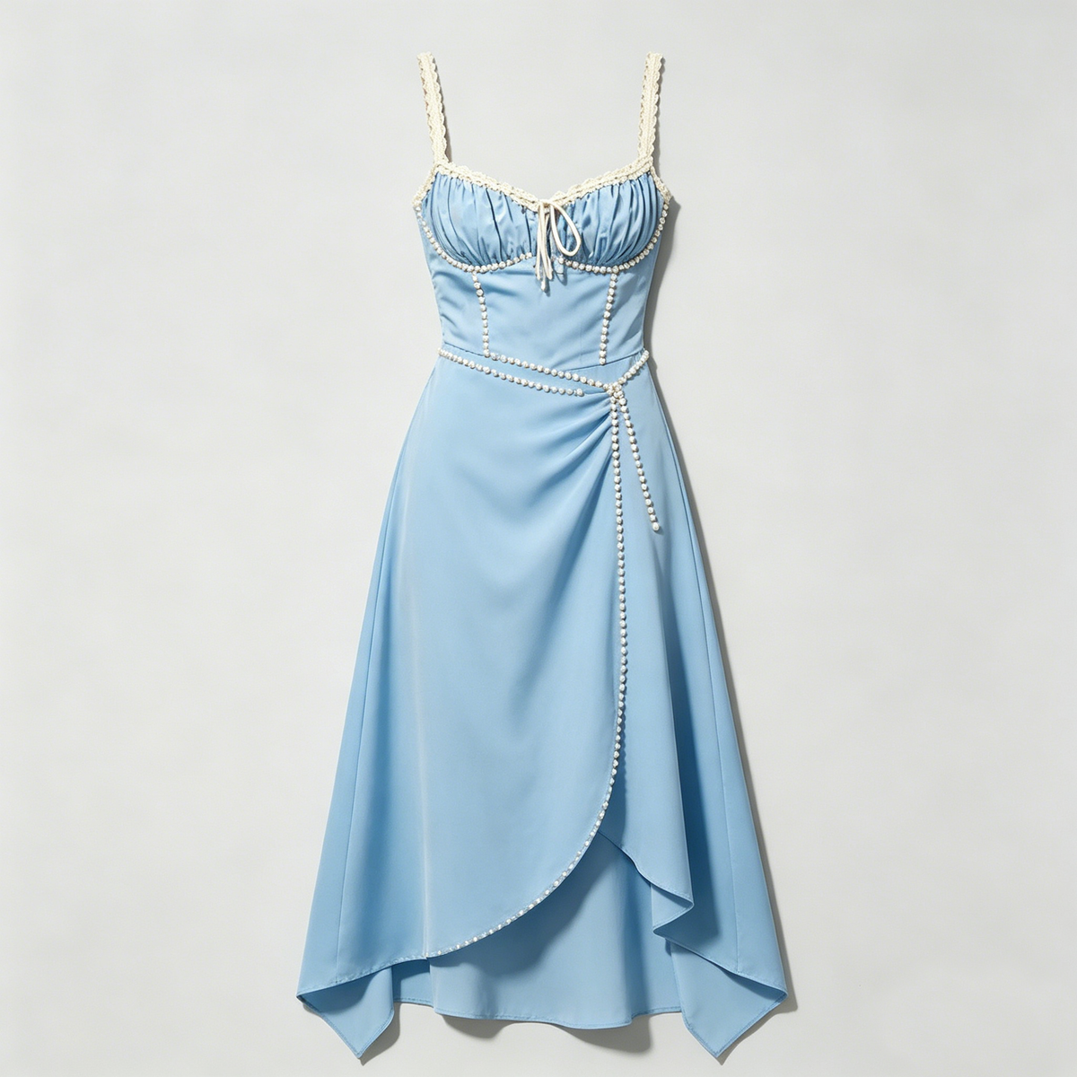 Light Blue Pearl Trimmed Midi Dress