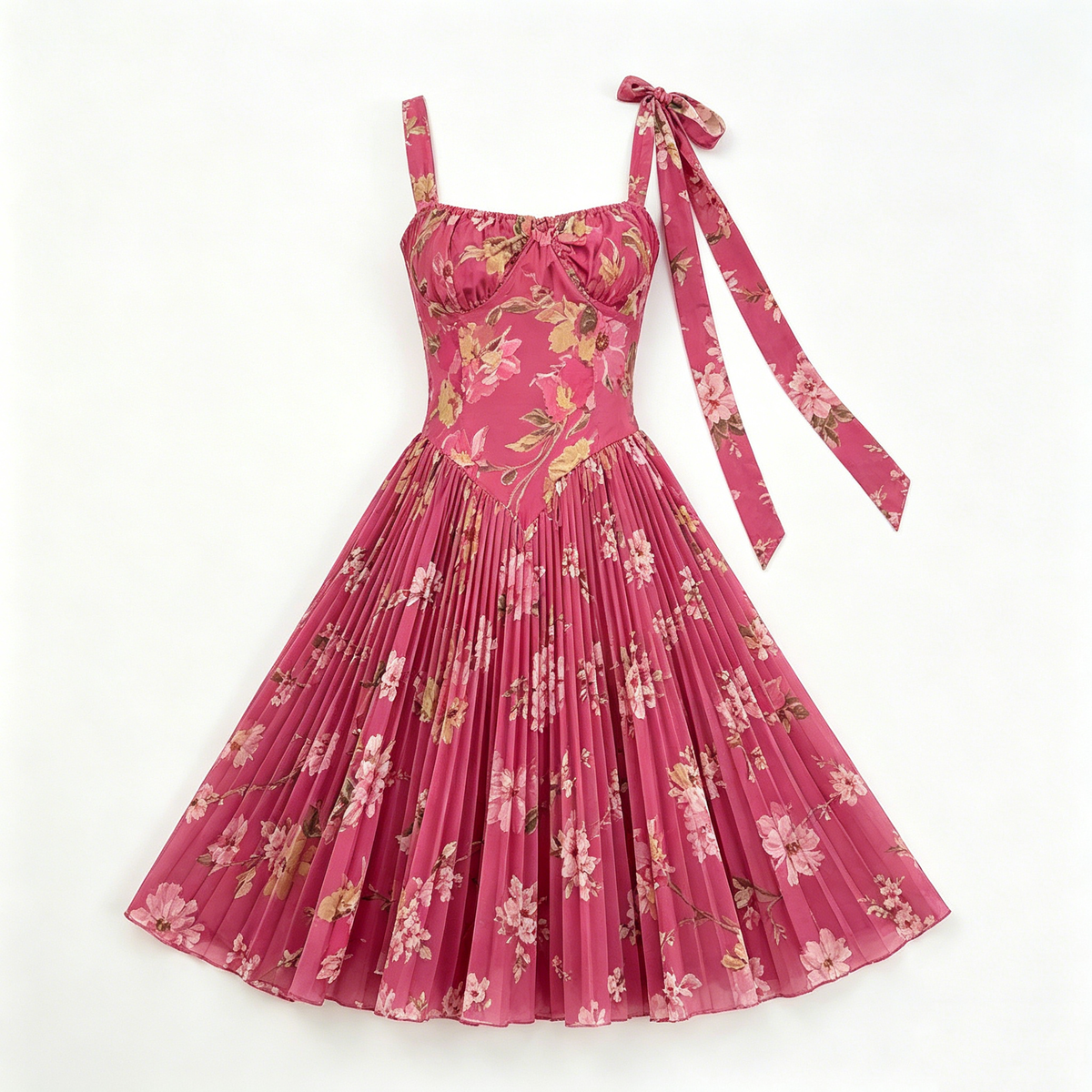 Magenta Floral Pleated Midi Dress