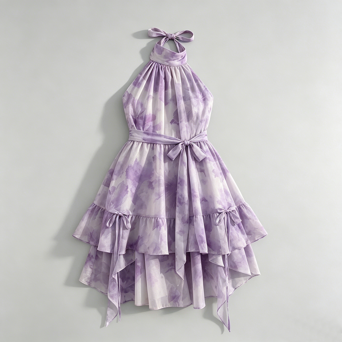 Purple Watercolor Halter Tiered Dress