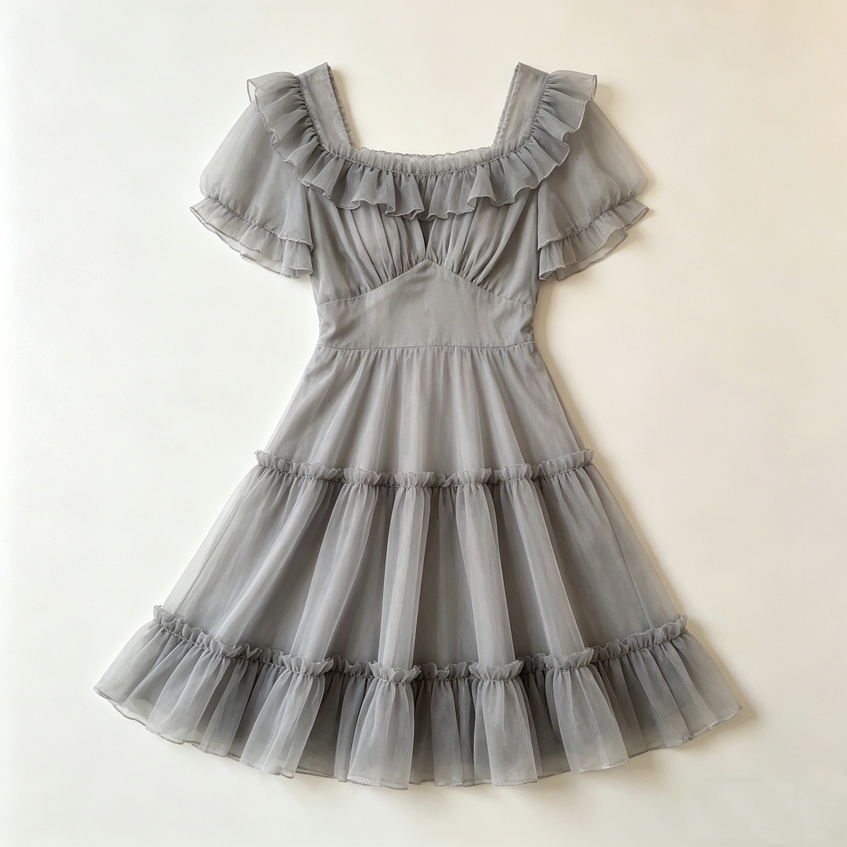 Gray Tulle Square Neck Tiered Dress
