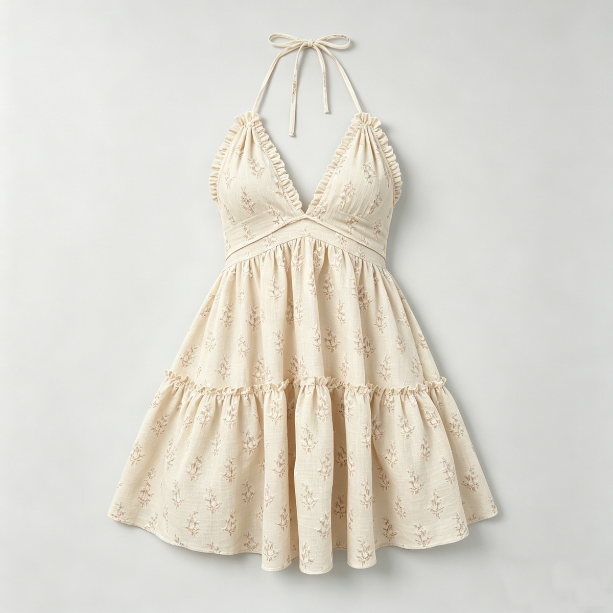 Beige Floral Halter Ruffle Dress