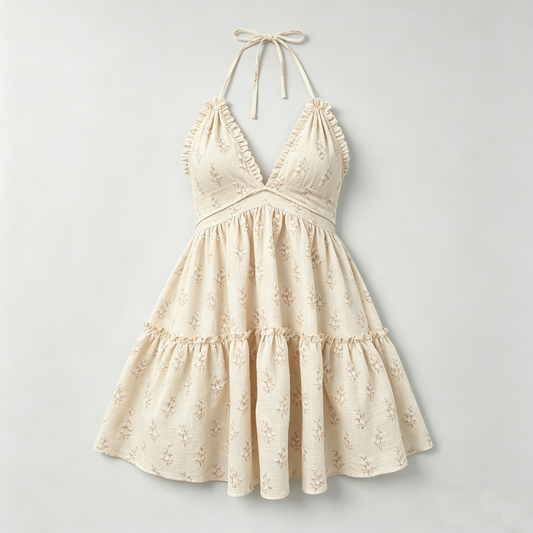 Beige Floral Halter Ruffle Dress