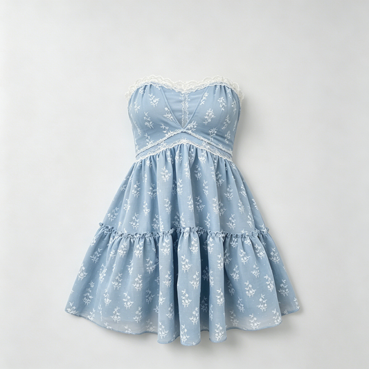Light Blue Floral Strapless Mini Dress