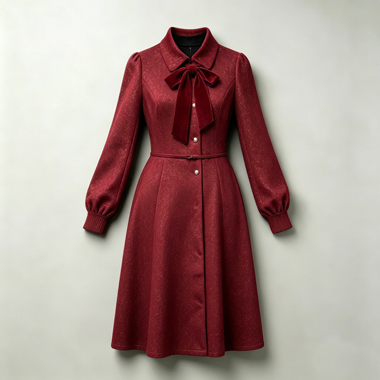 Sparkly Burgundy Bow Woolen Dress
