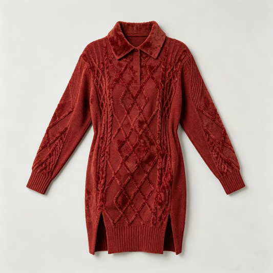 Rust Red Argyle Knit Sweater Dress