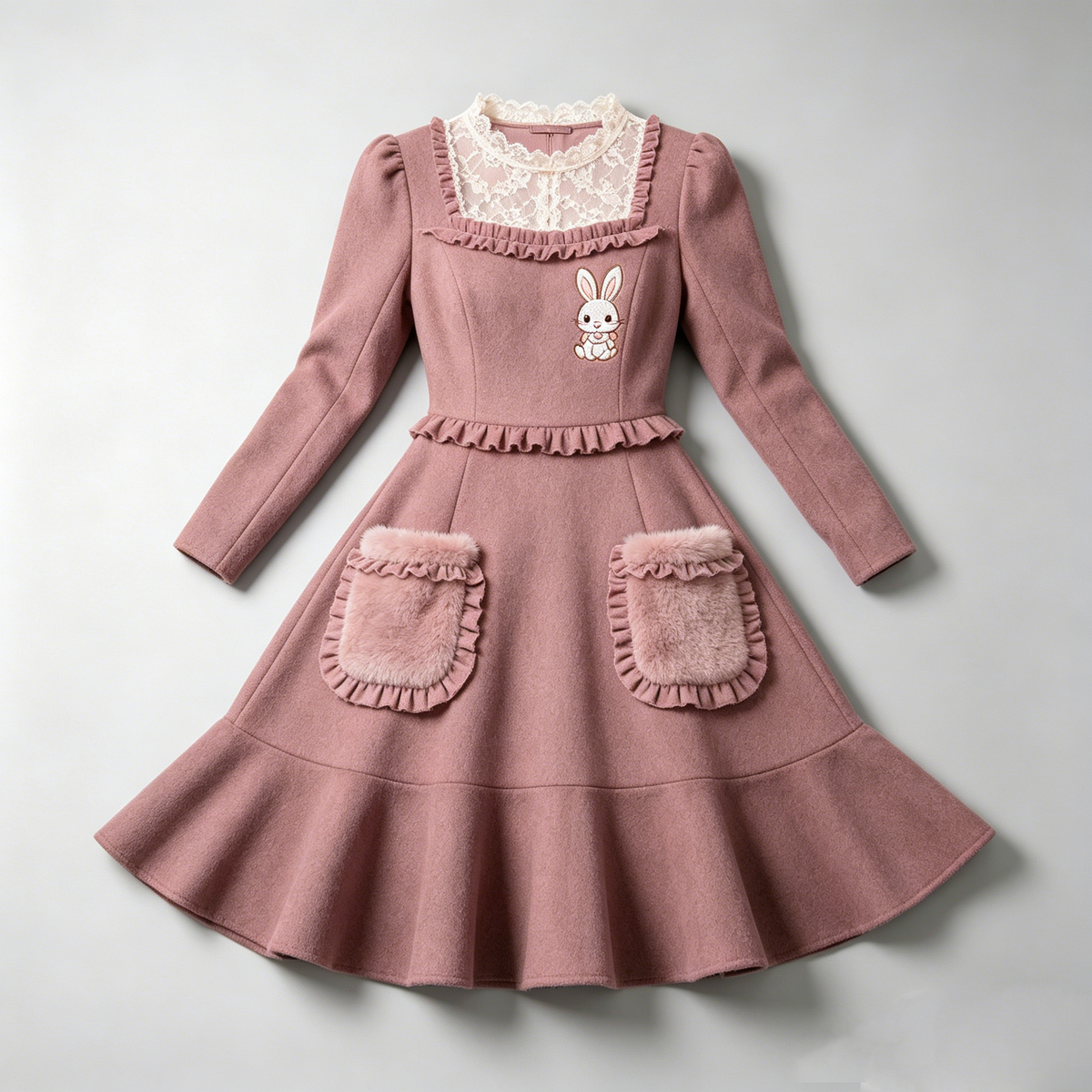 Pink Bunny Embroidered Woolen Dress