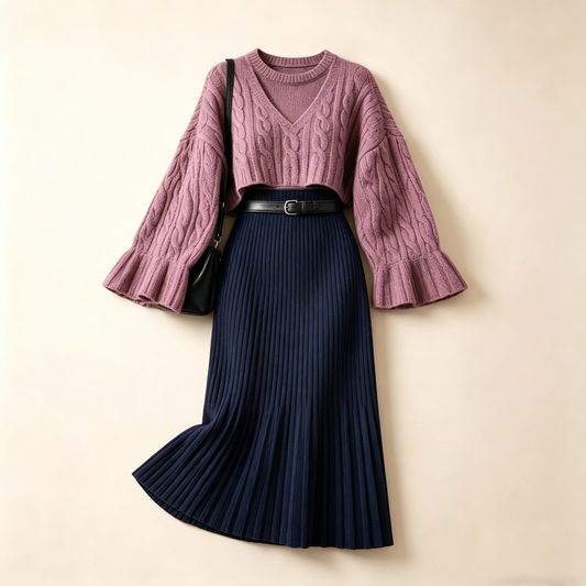 Lavender Cable-Knit Skirt Set