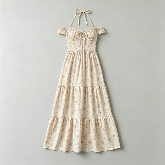 Cream Halter Floral Dress