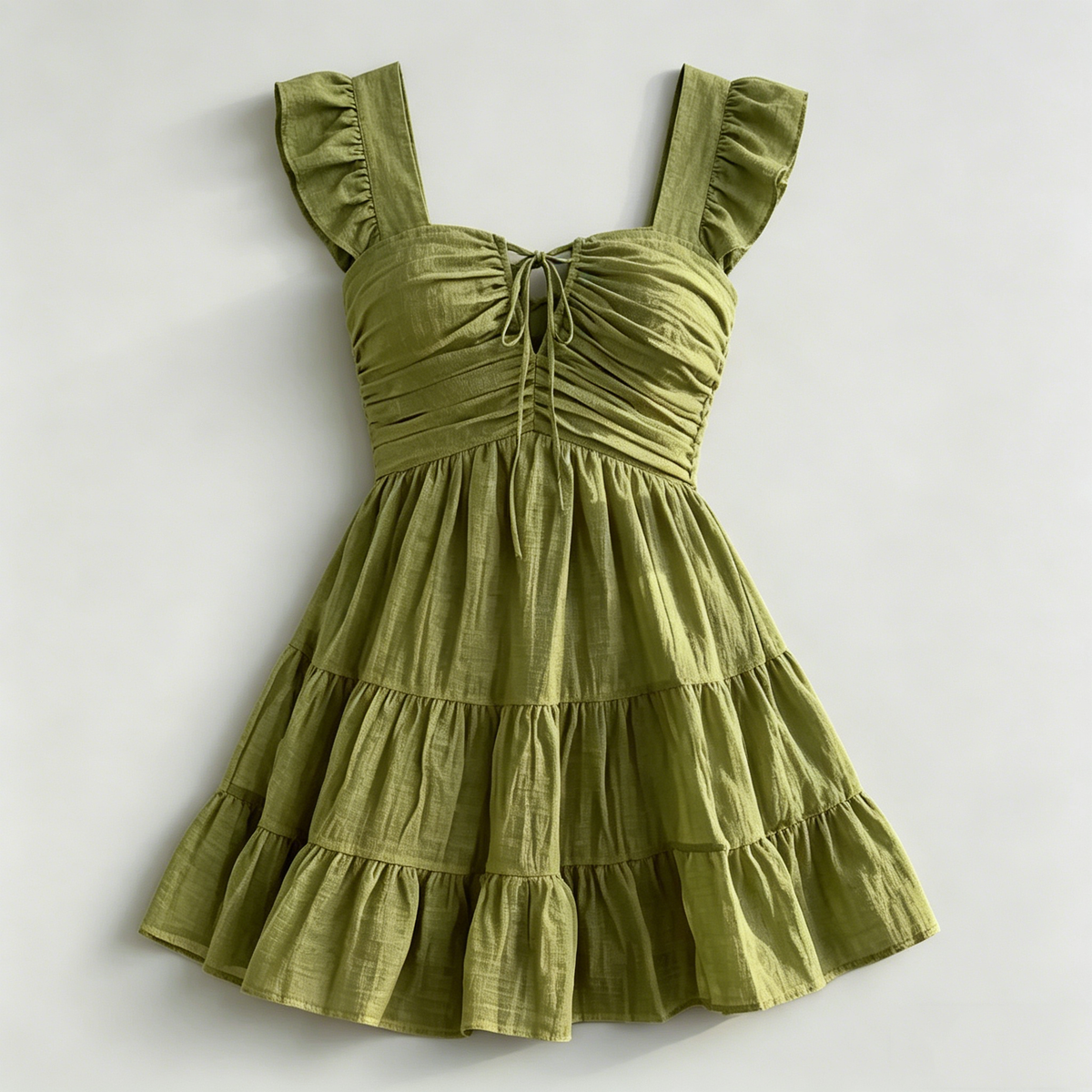 Green Ruched Tiered Mini Dress