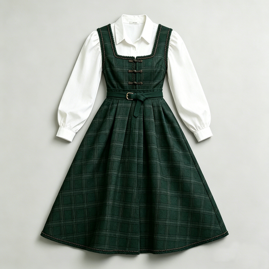 Dark Green Plaid Pinafore Dress Set
