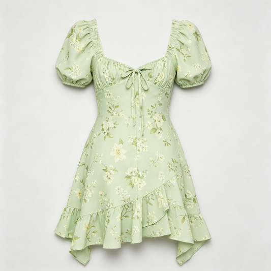 Light Green Floral Puff Sleeve Dress