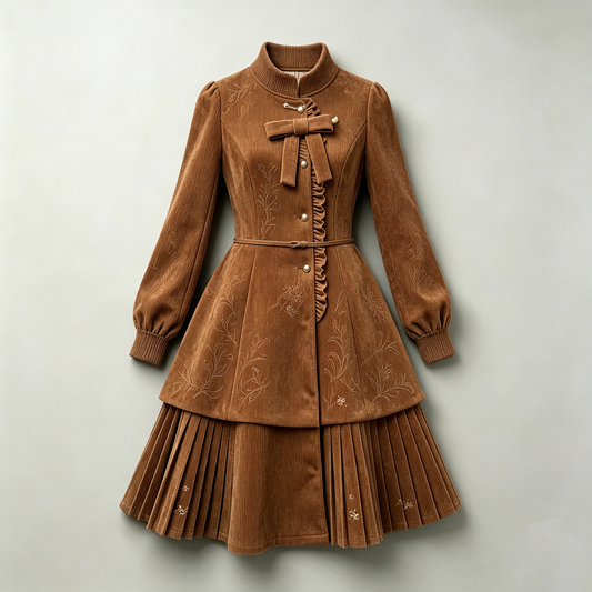 Caramel Embroidered Corduroy Waisted Dress
