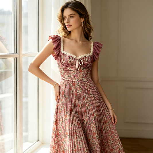 Rose Floral Ruffle Midi Dress