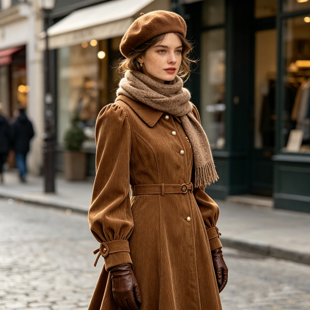 Caramel Corduroy Embroidered Coat Dress