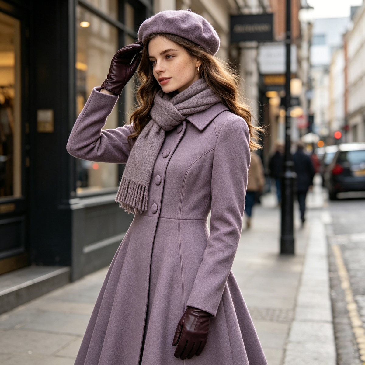 Dusty Purple Fit-and-Flare Wool Coat Dress