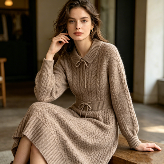 Oatmeal Bow Cable-Knit Midi Dress