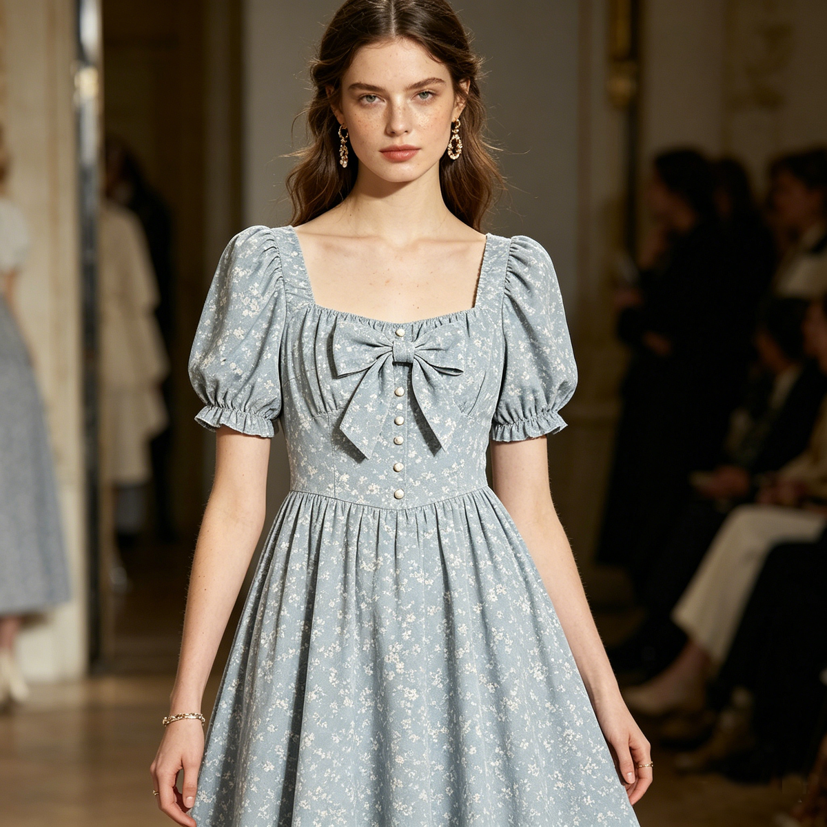 Blue Bow Puff Sleeve Dress