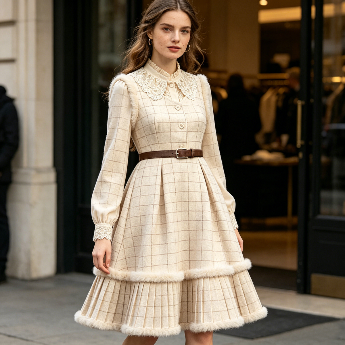 Cream Lace & Fur-Trimmed Plaid Dress