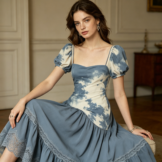 Tie-Dye Puff Sleeve Lace Dress