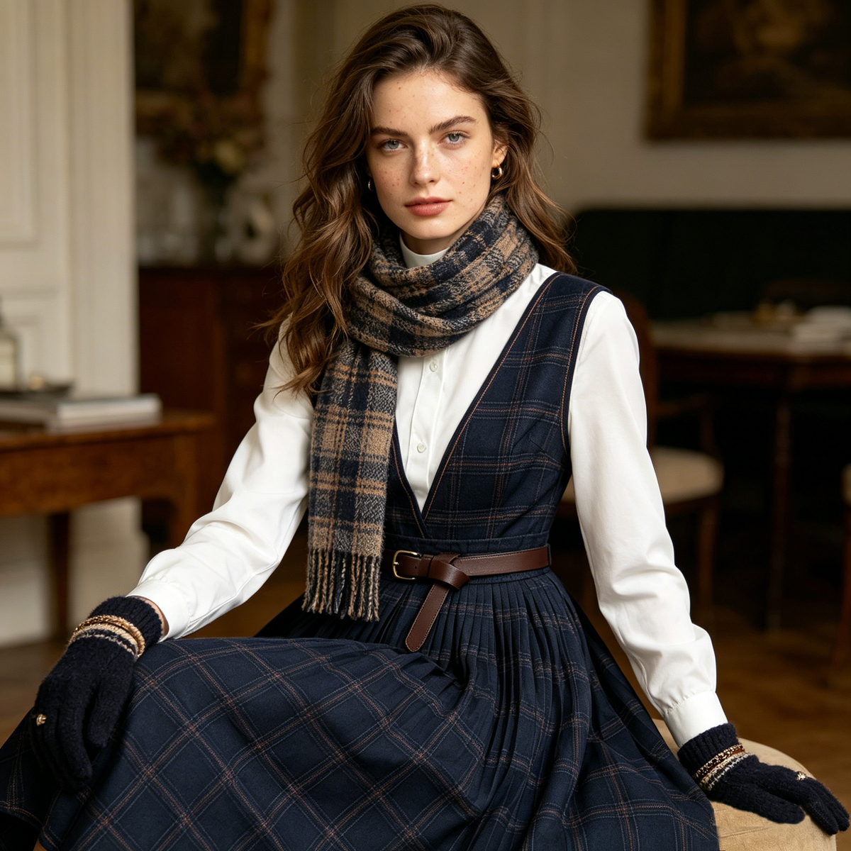 Navy Plaid Pinafore Dress Set