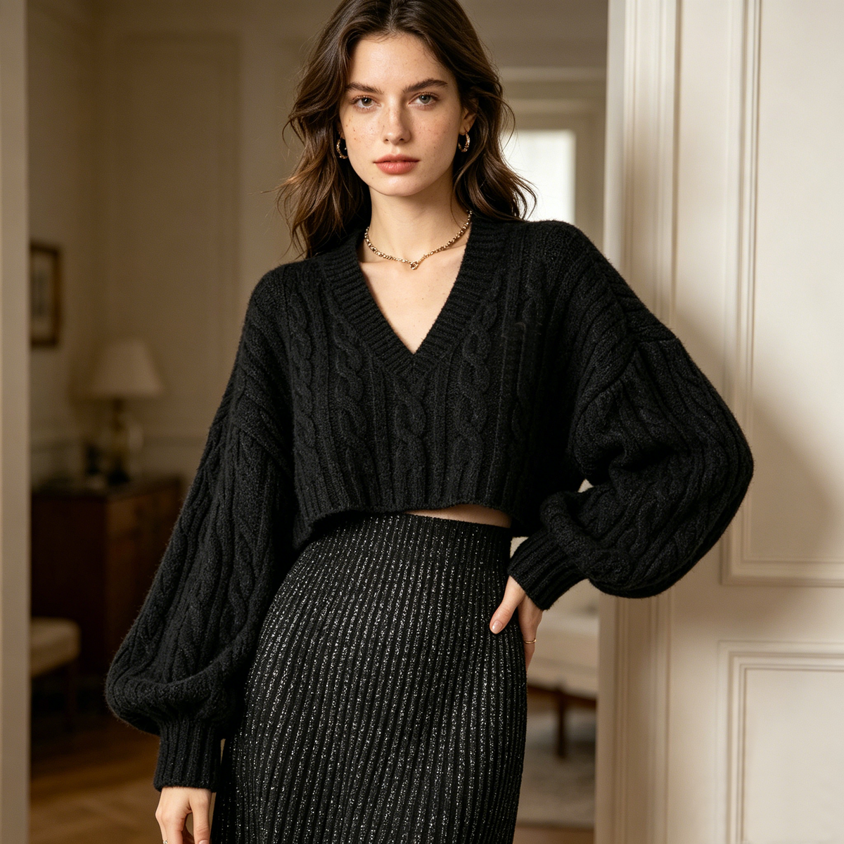 Black Cable-Knit Sweater & Glitter Skirt Set