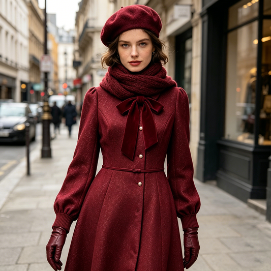 Sparkly Burgundy Bow Woolen Dress