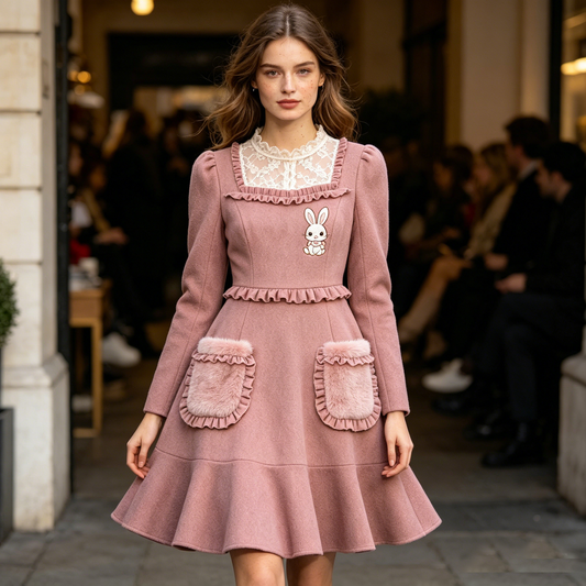 Pink Bunny Embroidered Woolen Dress